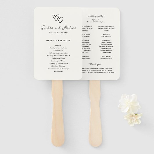 手描きハートドードルモダン結婚式 プログラム ハンドファン (正面&裏面)