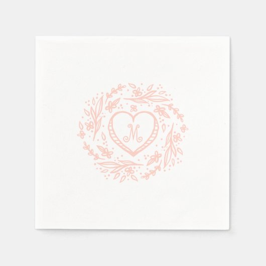 手描きハート&フローラリースカスタムモノグラム スタンダードカクテルナプキン (正面)
