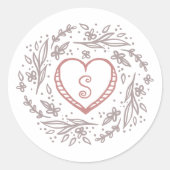 手描きハート&フローラリースカスタムモノグラム ラウンドシール (正面)