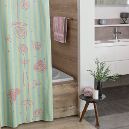 手描きバラとストライプシャワーカーテン シャワーカーテン