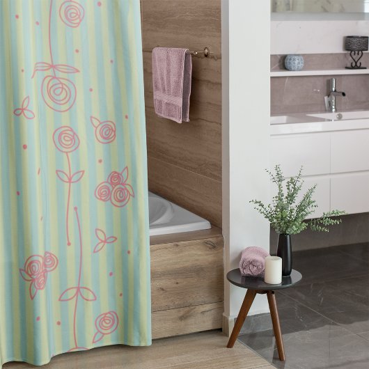 手描きバラとストライプシャワーカーテン シャワーカーテン