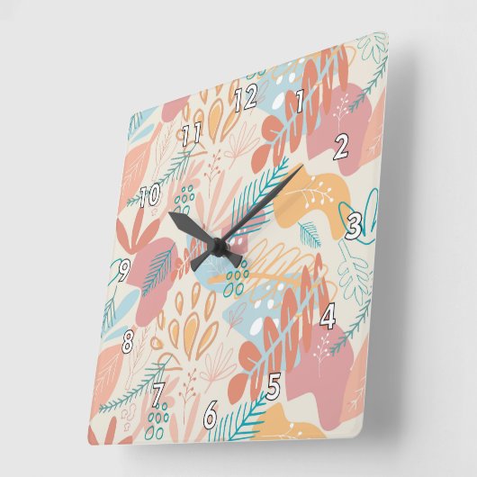 手描きパステル抽象芸術フローラルパターン スクエア壁時計 (傾斜)
