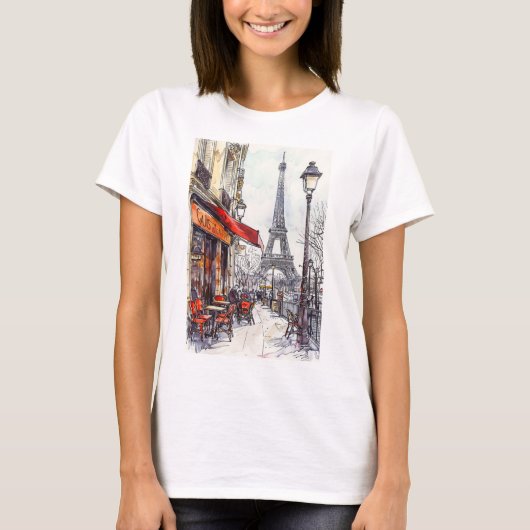 手描きパリのシーン Tシャツ (正面)