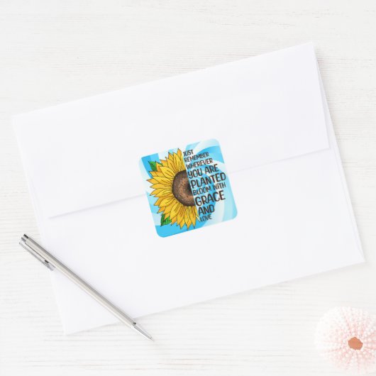 手描きヒマワリと引用文 スクエアシール (封筒)