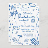 手描きビーチ沿岸バチェロレッテ 招待状 (正面/裏面)
