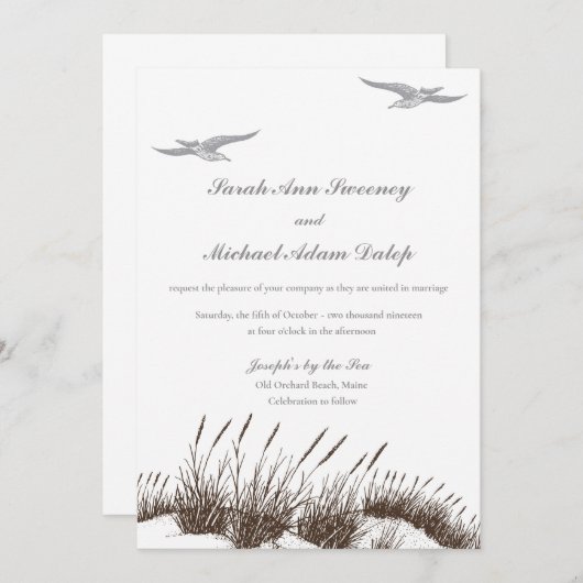 手描きビーチ結婚式招待状と砂丘 招待状 (正面/裏面)