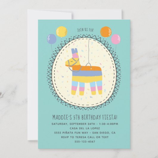手描きピニャタメキシカンフィエスタ誕生日パーティー 招待状 (正面)