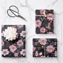 手描きピンクと金ゴールドの3Dフラワーパターン