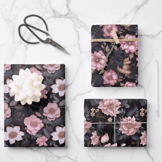 手描きピンクと金ゴールドの3Dフラワーパターン ラッピングペーパーシート (正面)