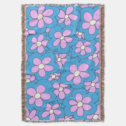 手描きピンクと青の花のデザイン スローブランケット (正面縦)
