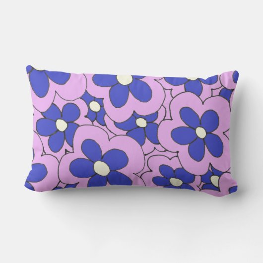 手描きピンクと青の花のデザイン ランバークッション (裏面)