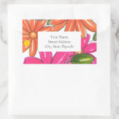 手描きピンクのオレンジ色の花パターンラベル 長方形シール (バッグ)