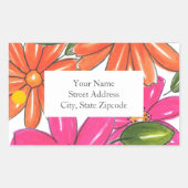 手描きピンクのオレンジ色の花パターンラベル 長方形シール (正面)