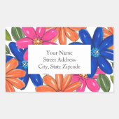 手描きピンクのオレンジ色の青い花パターンラベル 長方形シール (正面)