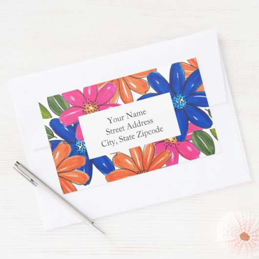 手描きピンクのオレンジ色の青い花パターンラベル 長方形シール (封筒)
