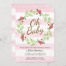手描きピンクのストライプリース花ベビーシャワー 招待状