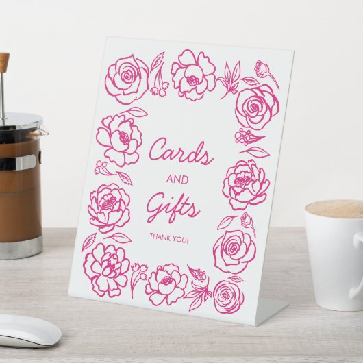 手描きピンクのフローラカードとギフト 台座サイン (インサイチュ)