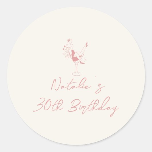手描きピンクカクテルガール30歳の誕生日 ラウンドシール (正面)