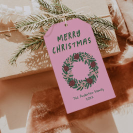 手描きピンクグリーンクリスマスリース弓 ギフトタグ