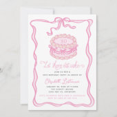 手描きピンクケーキピンクボウ誕生日 招待状 (正面)