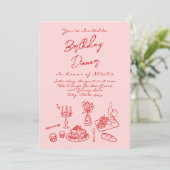 手描きピンクコケットおもしろい写真誕生日ディナー 招待状 (スタンド正面)