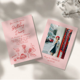 手描きピンクコケットおもしろい写真誕生日ディナー 招待状