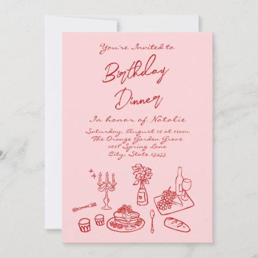 手描きピンクコケットおもしろい誕生日ディナーパーティー 招待状 (正面)