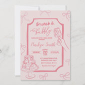 手描きピンクコケットブランチと泡立ち 招待状 (正面)