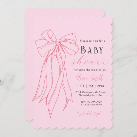 手描きピンクコケット弓女の赤ちゃんシャワー 招待状 (正面/裏面)