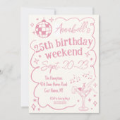 手描きピンクディスコ誕生日パーティーウィークエンド 招待状 (正面)