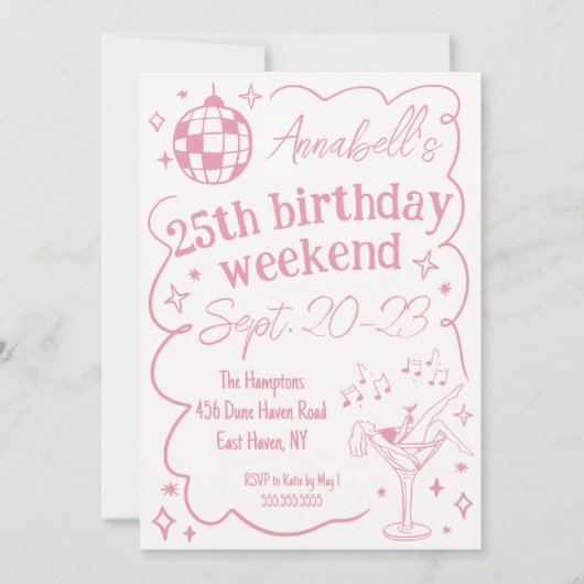 手描きピンクディスコ誕生日パーティーウィークエンド 招待状 (正面)