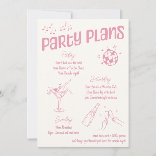 手描きピンクディスコ誕生日パーティーウィークエンド 招待状 (裏面)