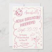 手描きピンクディスコ40th誕生日パーティー週末 招待状 (正面)