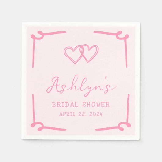 手描きピンクハートブライダルシャワー紙ナプキンス スタンダードカクテルナプキン (正面)