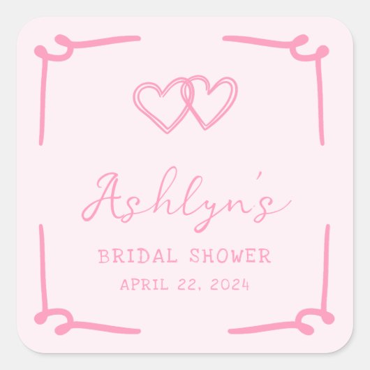 手描きピンクハート ブライダルシャワーステッカー スクエアシール (正面)