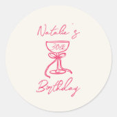 手描きピンクボウシャンパングラス30歳の誕生日 ラウンドシール (正面)