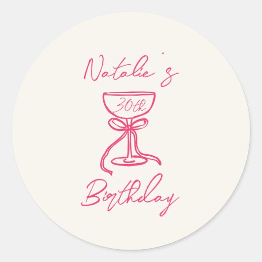 手描きピンクボウシャンパングラス30歳の誕生日 ラウンドシール (正面)