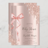 手描きピンクボウバラ金ゴールドドリップベビーシャワー 招待状 (正面/裏面)