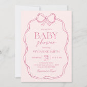 手描きピンクボウベビーガールシャワー 招待状 (正面)