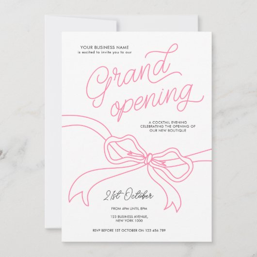 手描きピンクボウユニークビジネスグランドオープン 招待状 (正面)