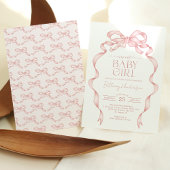 手描きピンクボウ甘い赤ちゃん女の子シャワー 招待状
