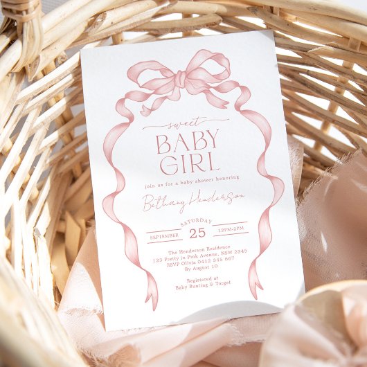手描きピンクボウ甘い赤ちゃん女の子シャワー 招待状