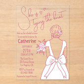 手描きピンクボウ結婚ズガウンブライダルシャワー アクリル招待状 (正面)