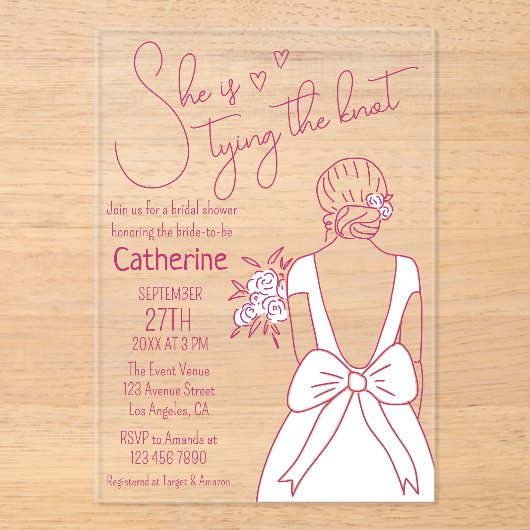 手描きピンクボウ結婚ズガウンブライダルシャワー アクリル招待状 (正面)