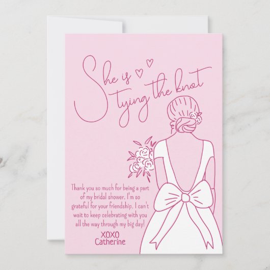 手描きピンクボウ結婚ズガウンブライダルシャワー サンキューカード (正面)