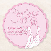手描きピンクボウ結婚ズガウンブライダルシャワー ペーパーコースター (正面)