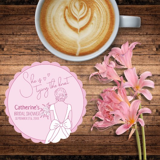 手描きピンクボウ結婚ズガウンブライダルシャワー ペーパーコースター