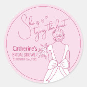 手描きピンクボウ結婚ズガウンブライダルシャワー ラウンドシール (正面)