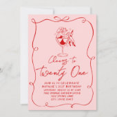 手描きピンクボウ21stコケット誕生日パーティー 招待状 (正面)