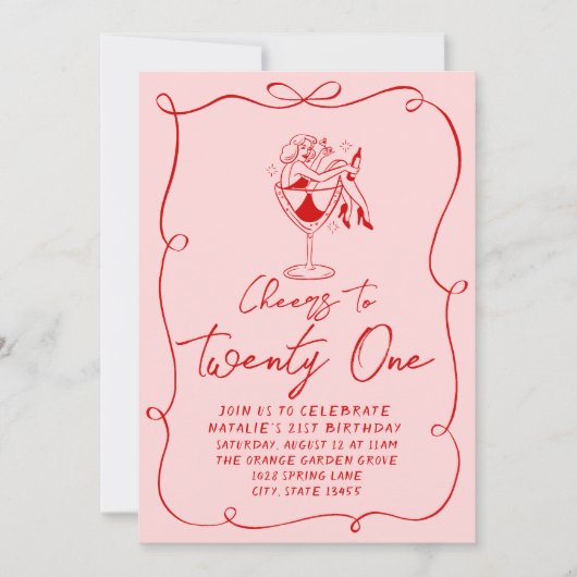 手描きピンクボウ21stコケット誕生日パーティー 招待状 (正面)